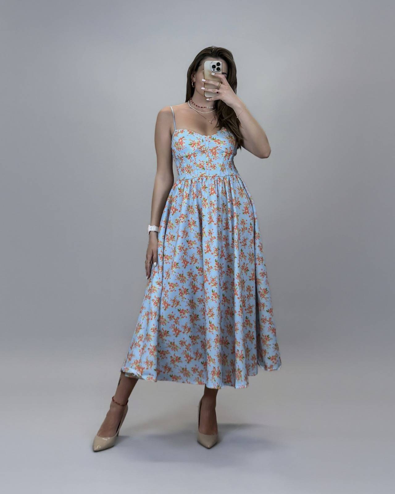 Floral Spaghetti Strap Midi Dress - Orange
