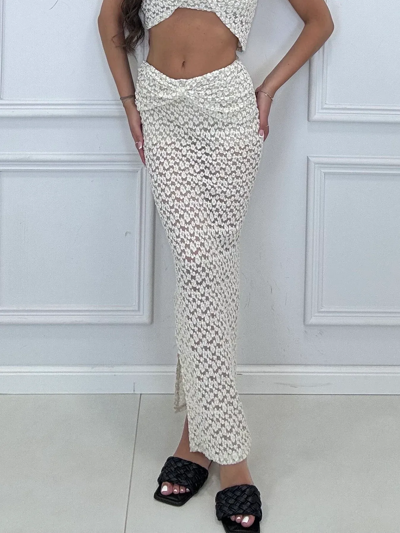 Crochet Long Crochet Skirt - Beige