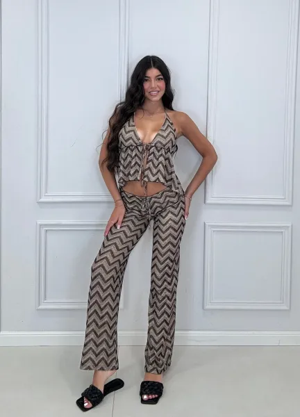Chevron Straight Leg Pants - Black