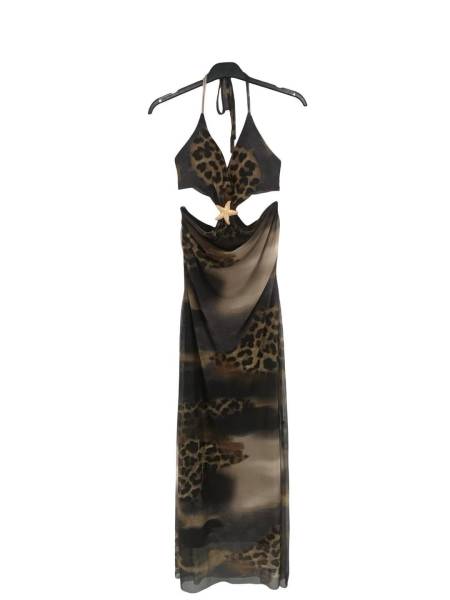Leopard Print Halter Maxi Dress - Black