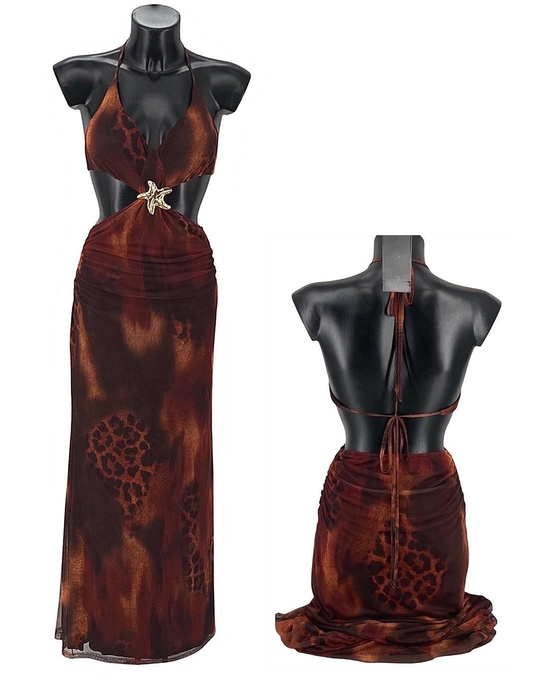 Leopard Print Halter Maxi Dress - Brown