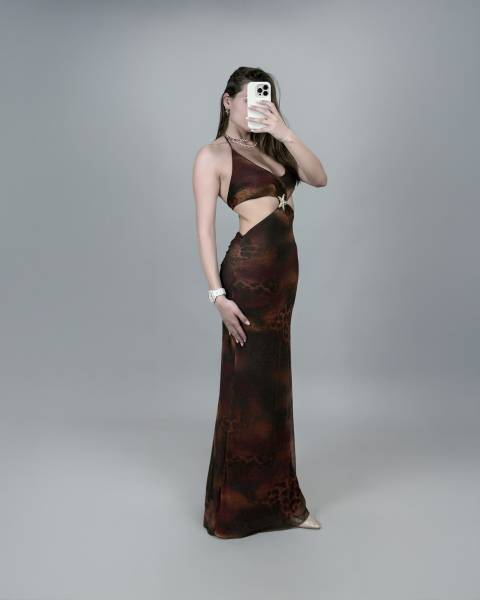 Leopard Print Halter Maxi Dress - Brown