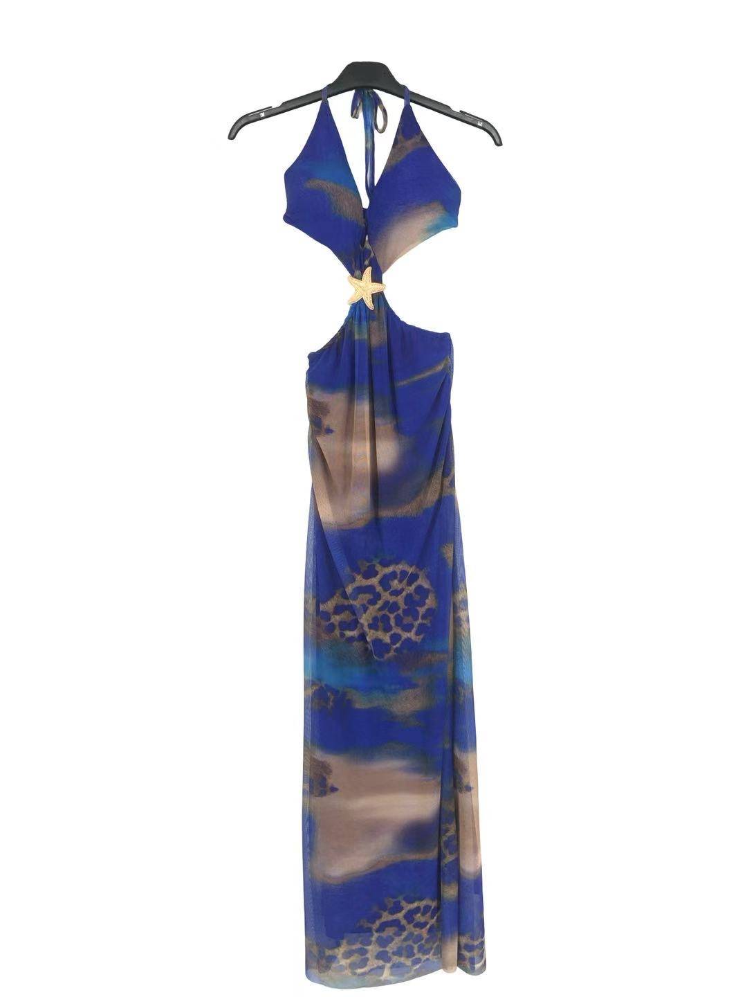 Leopard Print Halter Maxi Dress - Royal Blue