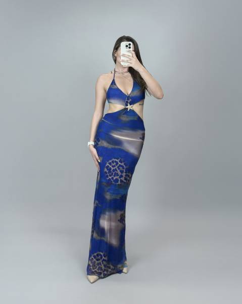Leopard Print Halter Maxi Dress - Royal Blue