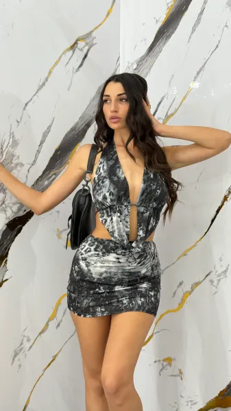 Open Back Printed Mini Dress - Black