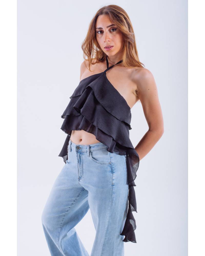 Asymmetric Ruffled Top - Black