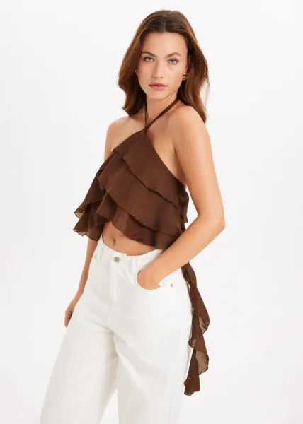 Asymmetric Ruffled Top - Brown