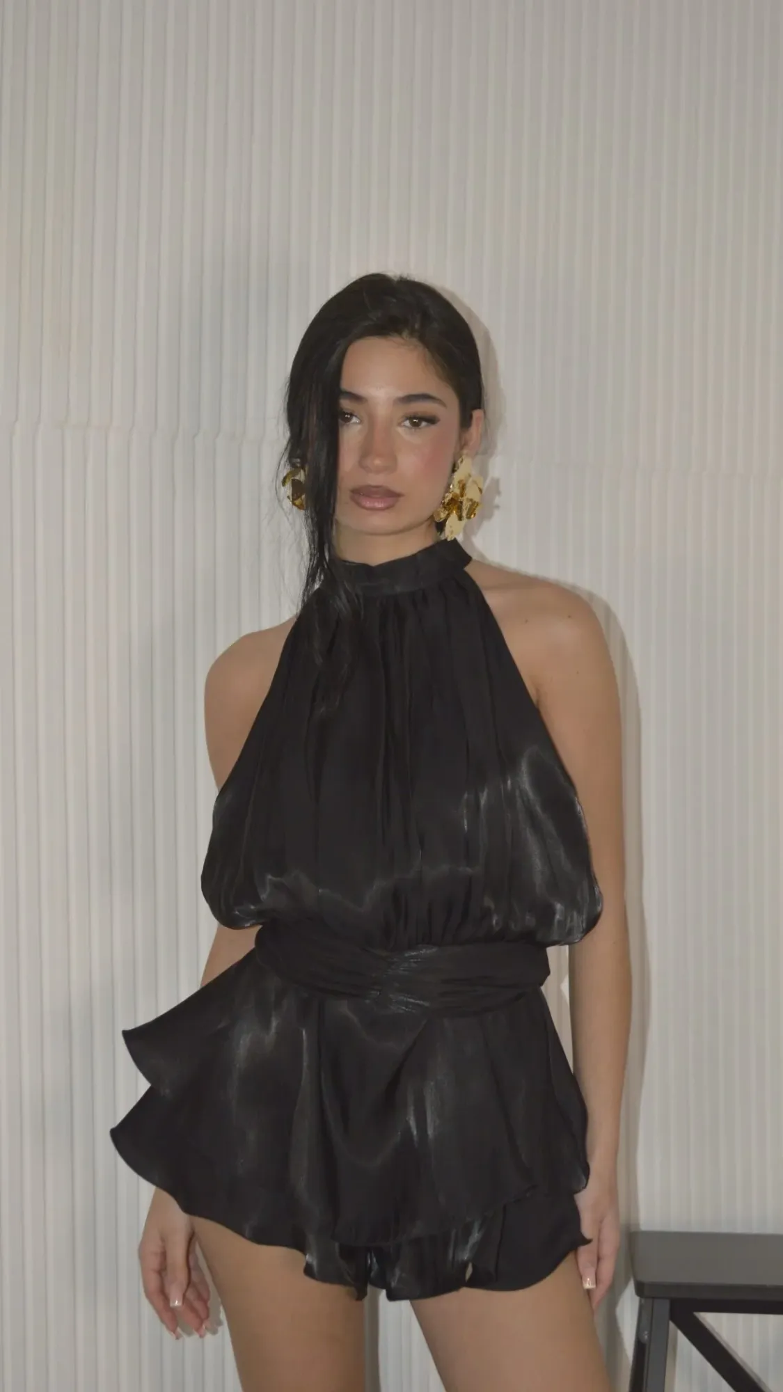 Shiny Halter Neck Playsuit - Black
