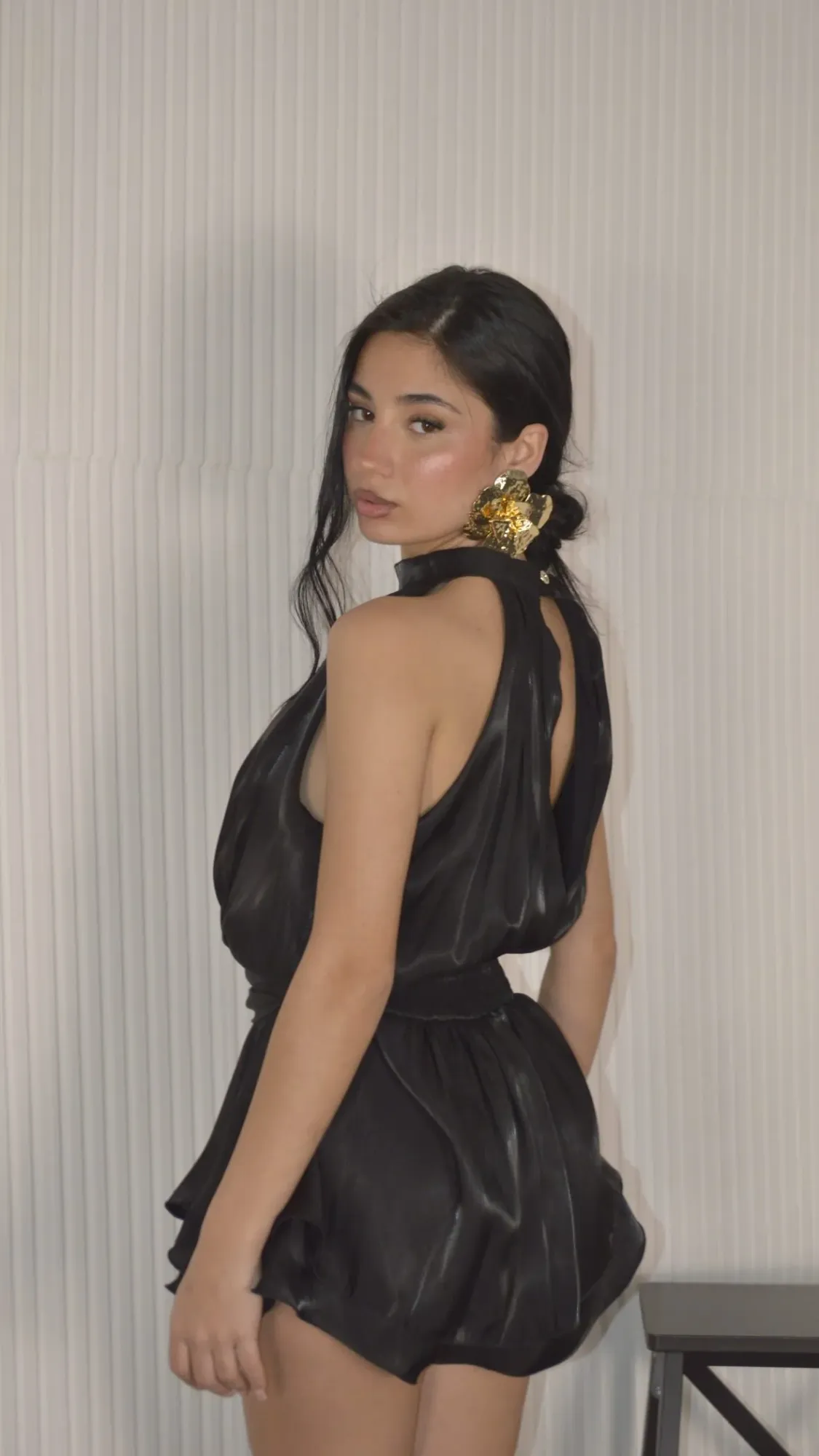 Shiny Halter Neck Playsuit - Black