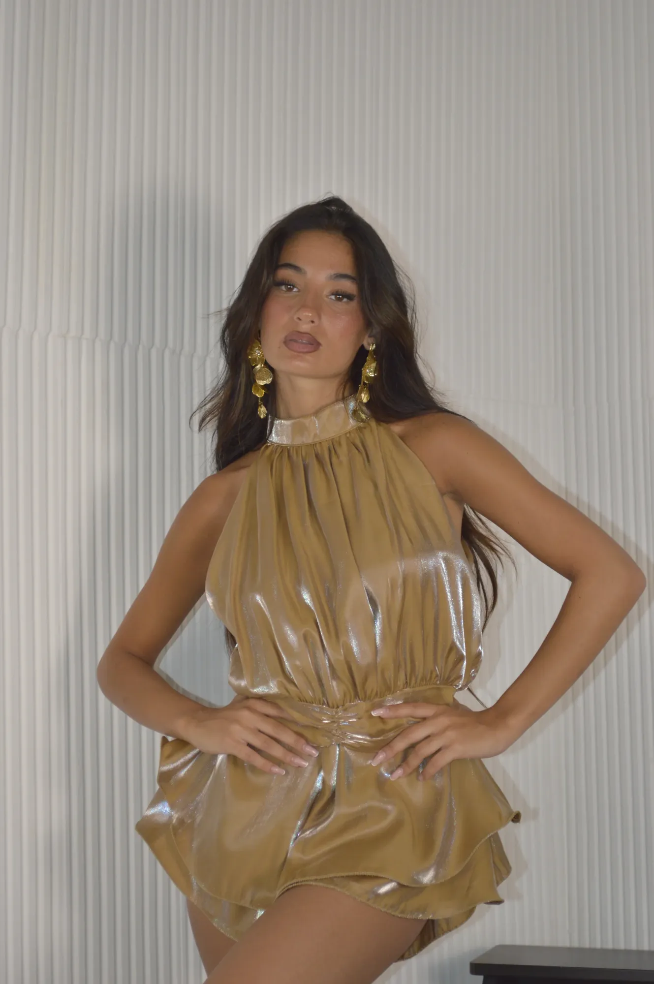 Shiny Halter Neck Playsuit - Camel