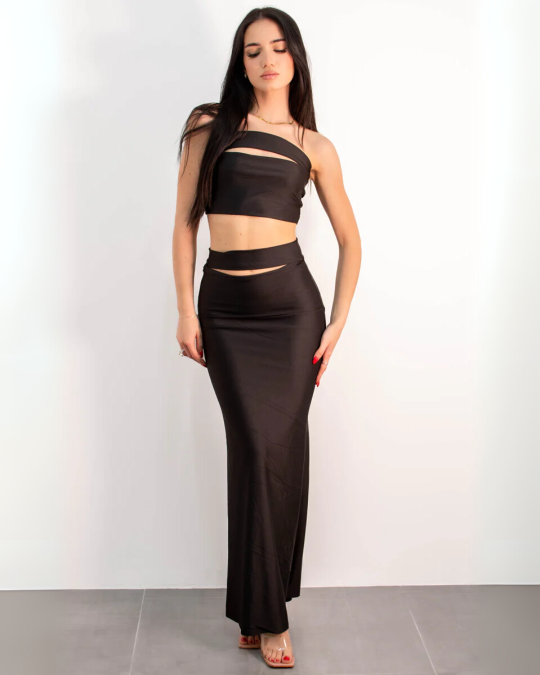 Cut Out Strapless Top and Skirt Set - Black