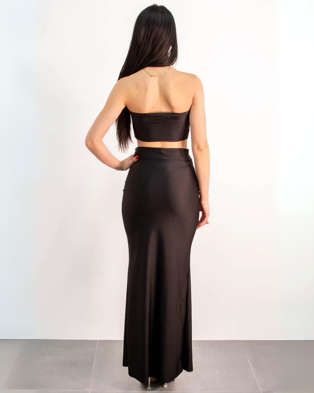Cut Out Strapless Top and Skirt Set - Black