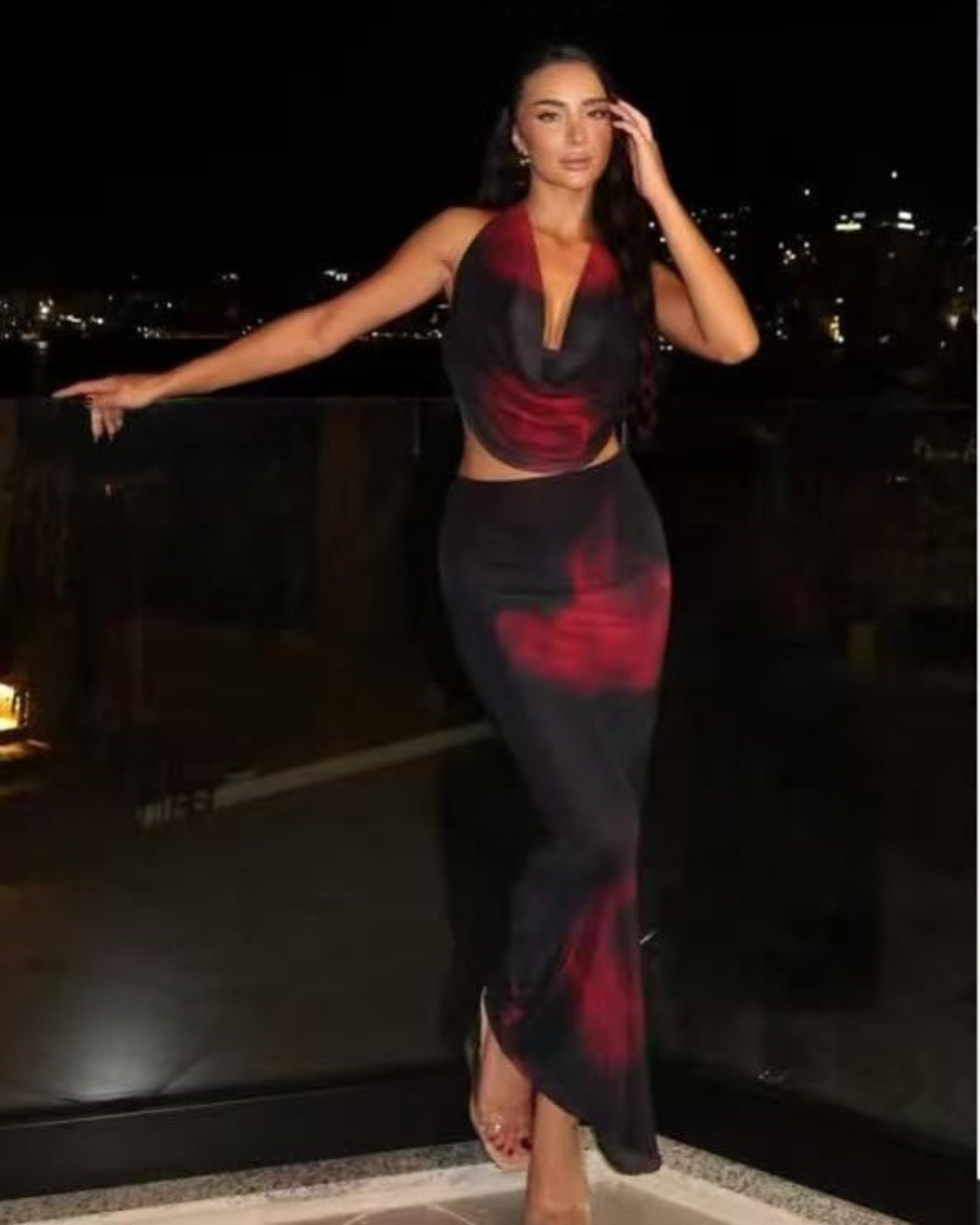 Printed Cowl Neck Top and Skirt Set - Black