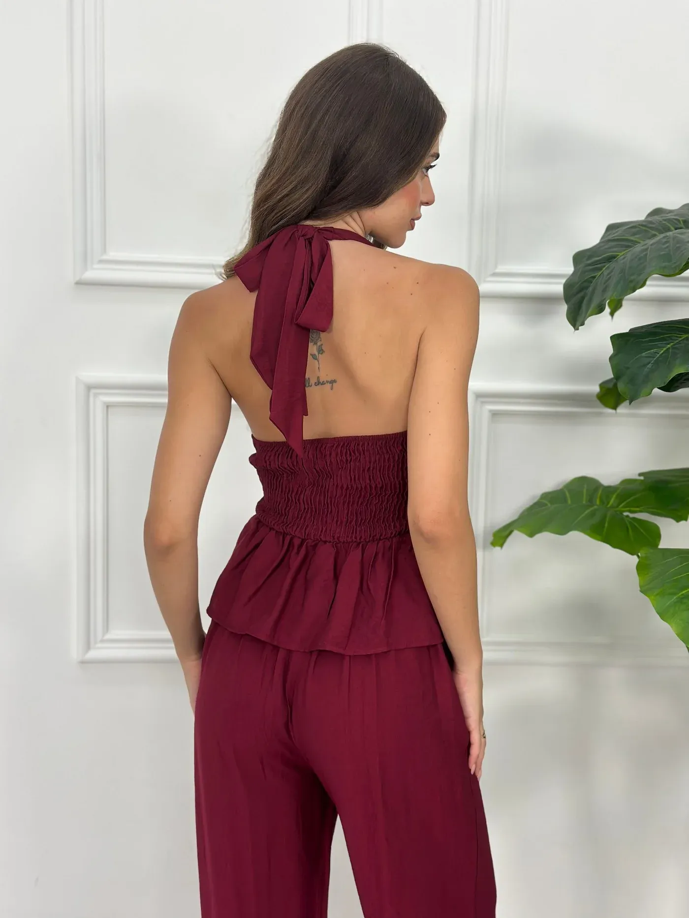 Palazzo Pants and Elegant Top Set - Bordeaux