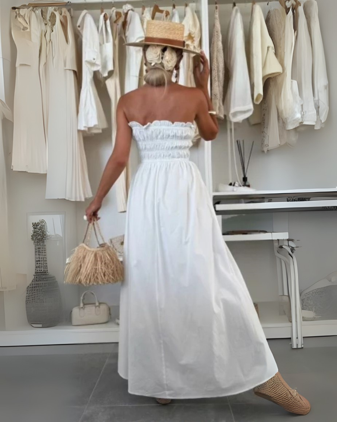 Airy Maxi Dress with Elastic Waist - White