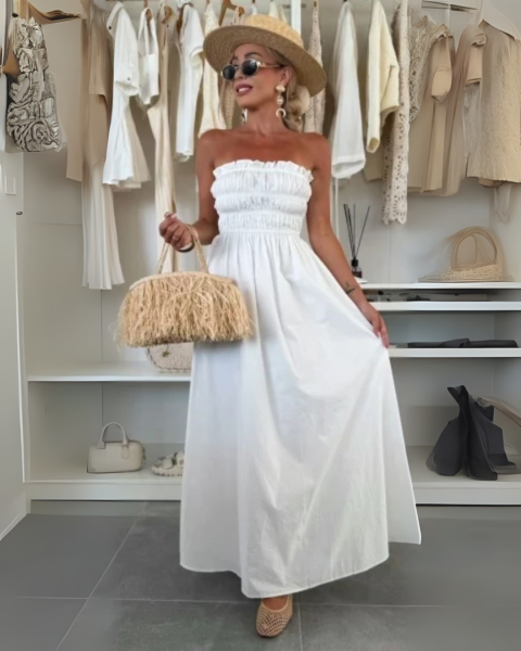 Airy Maxi Dress with Elastic Waist - White