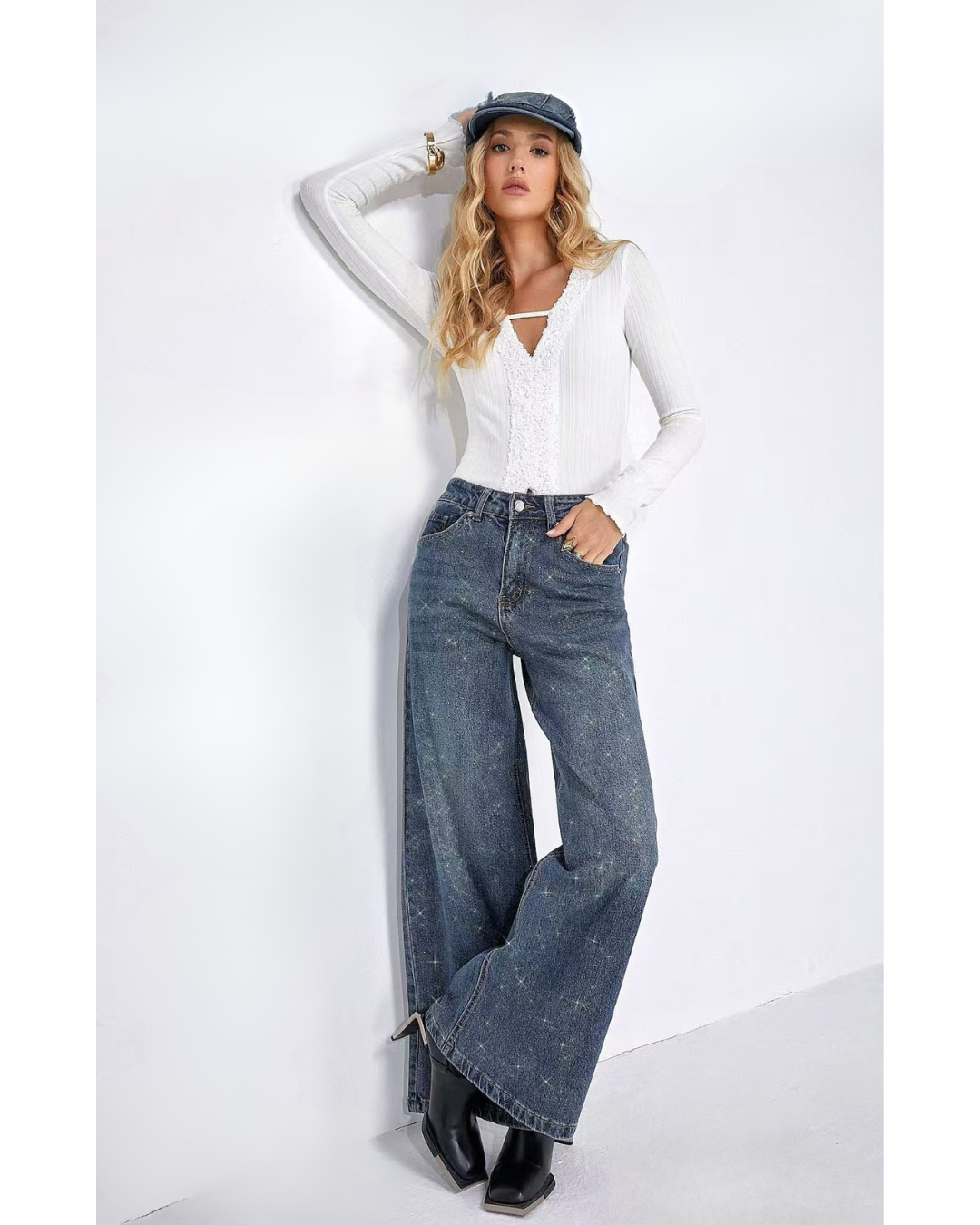 Glitter Wash Wide Leg Jeans - Blue