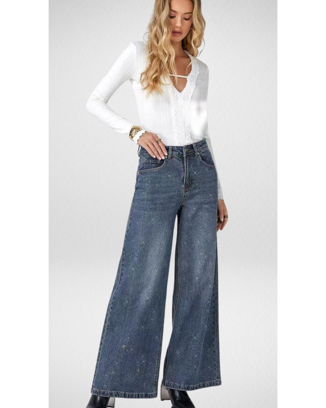 Glitter Wash Wide Leg Jeans - Blue
