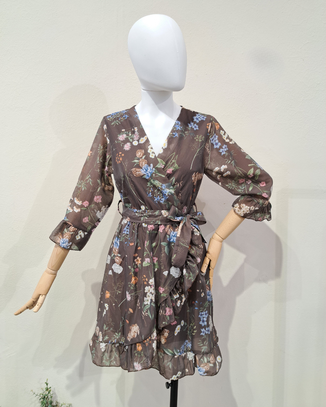 Floral Wrap Dress with Tie Waist - Brown