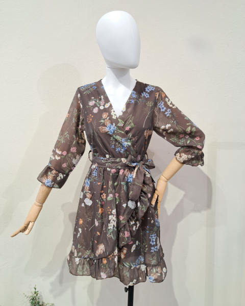 Floral Wrap Dress with Tie Waist - Brown