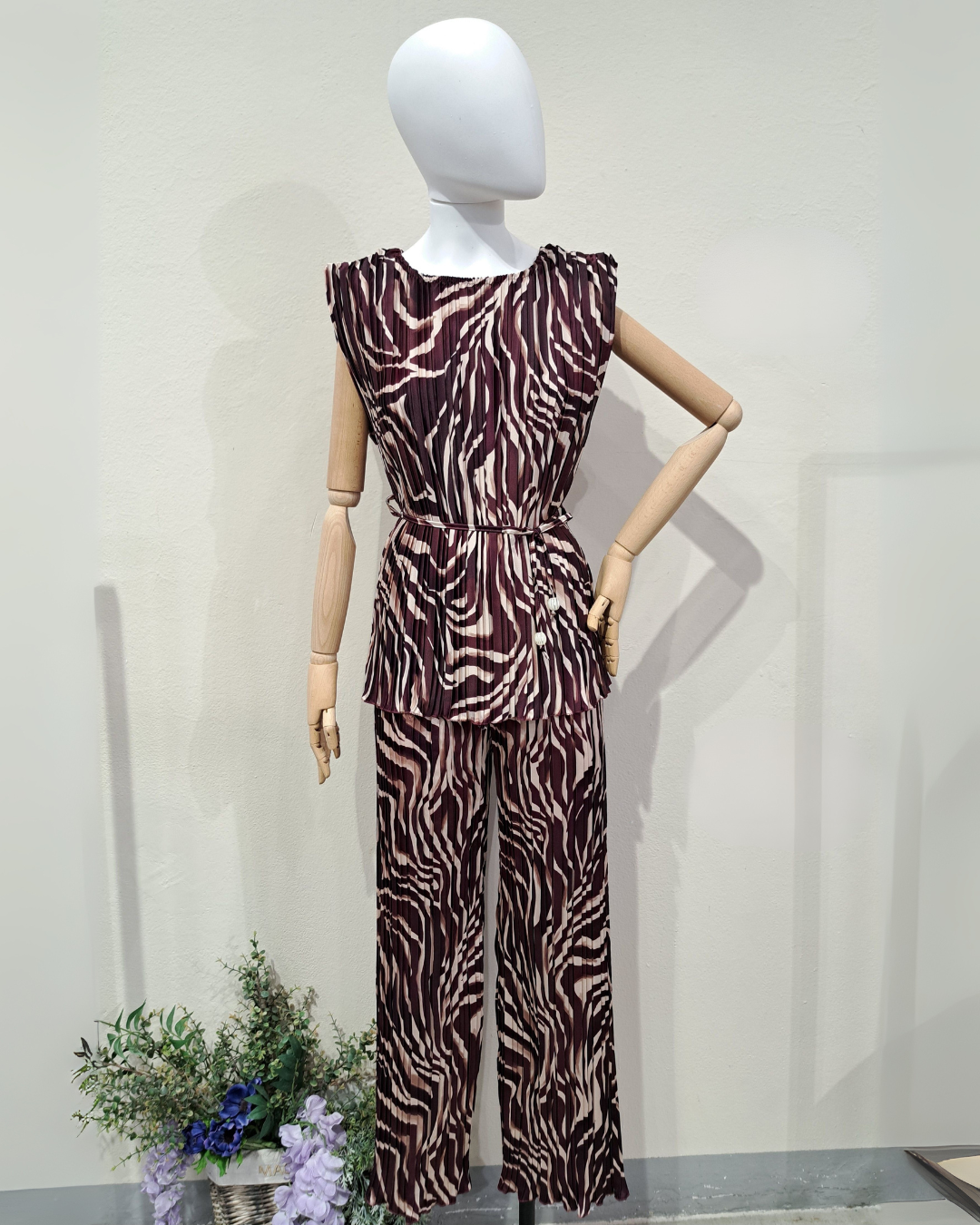 Pleated Printed Top with Tie Waist - Bordeaux