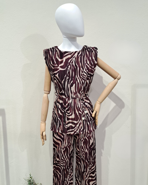Pleated Printed Top with Tie Waist - Bordeaux