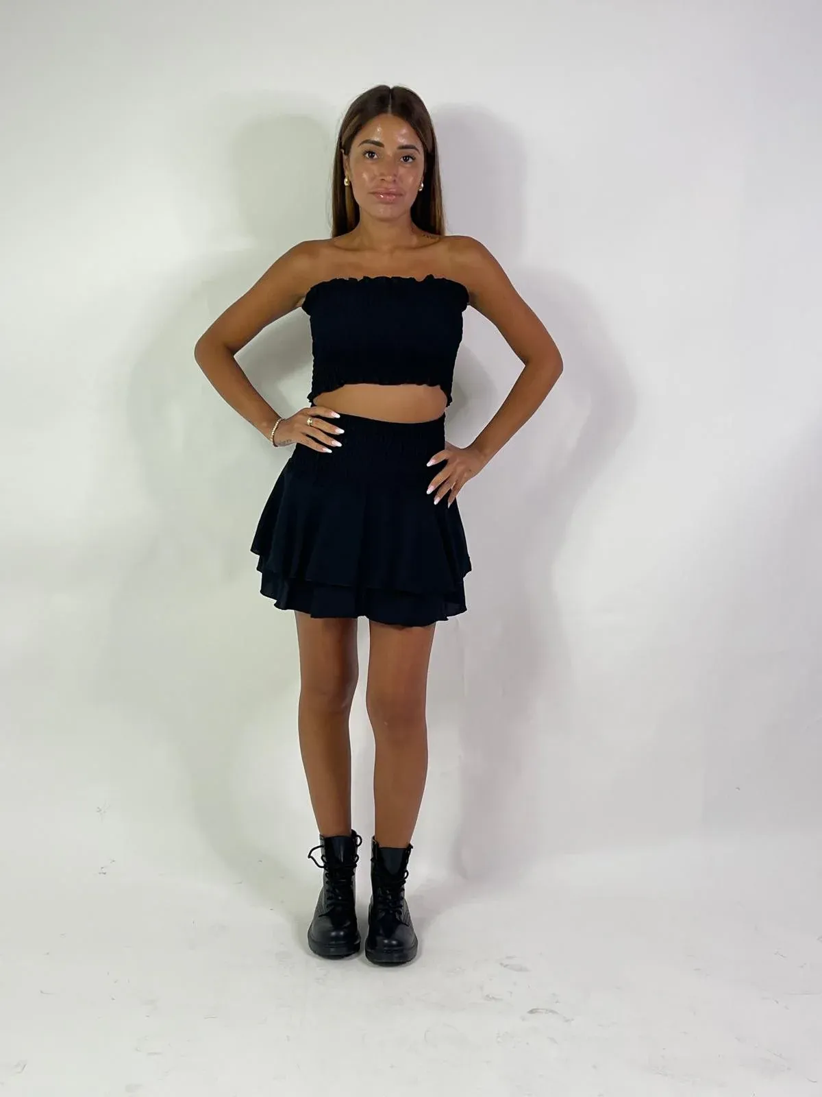 Crop Top and Tiered Ruffle Mini Skirt Set - Black