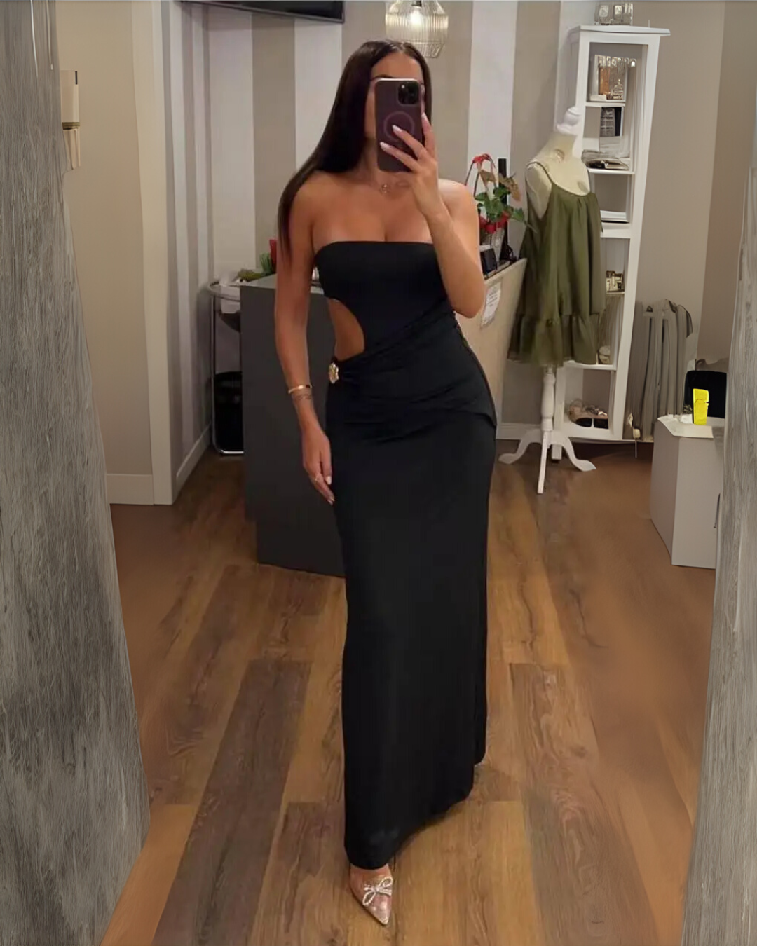 Bandeau Dress with Golden Flower Detail - Black