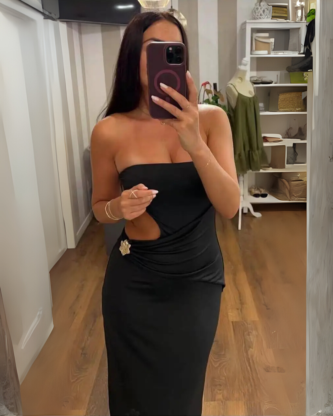 Bandeau Dress with Golden Flower Detail - Black
