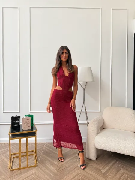 Halter Cutout Maxi Dress with Lace Trim - Bordeaux