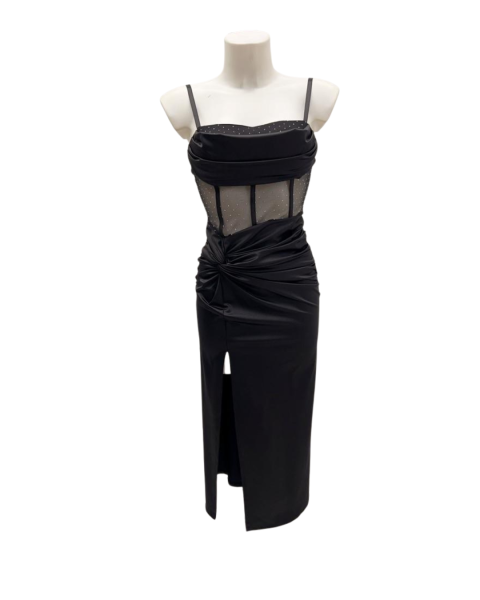 Midi Dress with Side Slit and Sheer Detail - Black