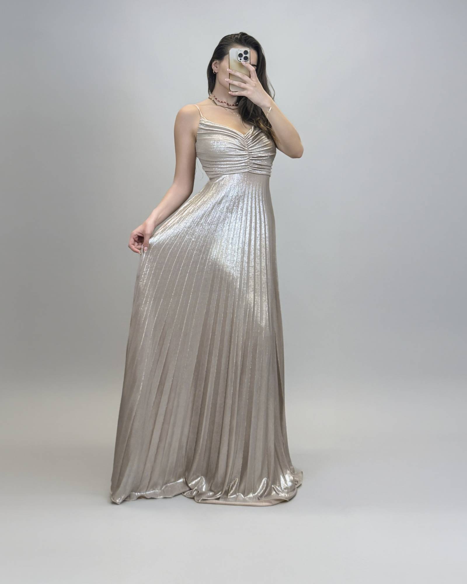 Metallic Maxi Dress with Bow Back Detail - Gold
