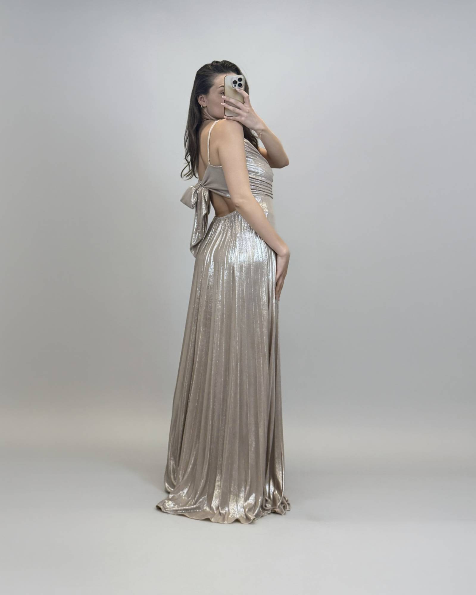 Metallic Maxi Dress with Bow Back Detail - Gold