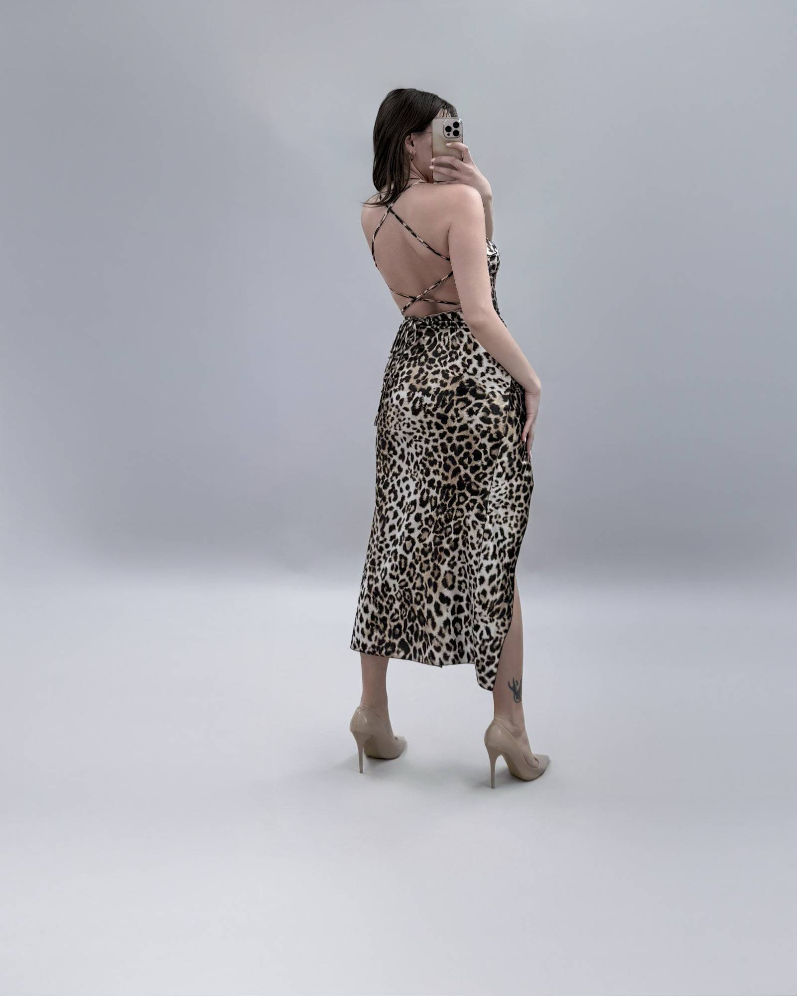 Leopard Print Front Knot Split Dress - Leopard