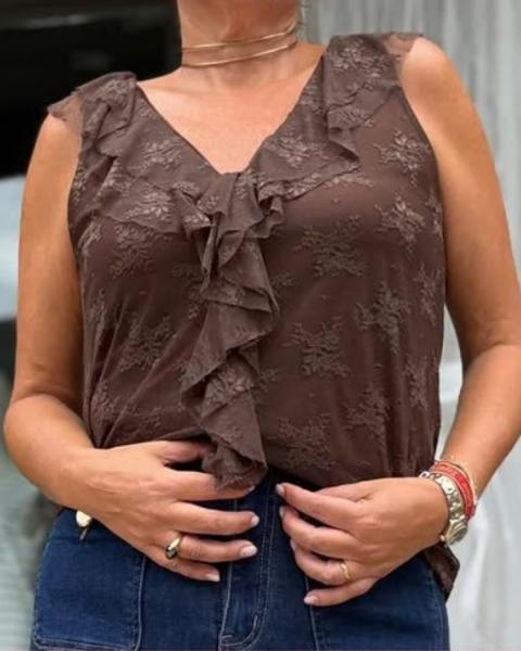 Ruffled Lace Top - Brown