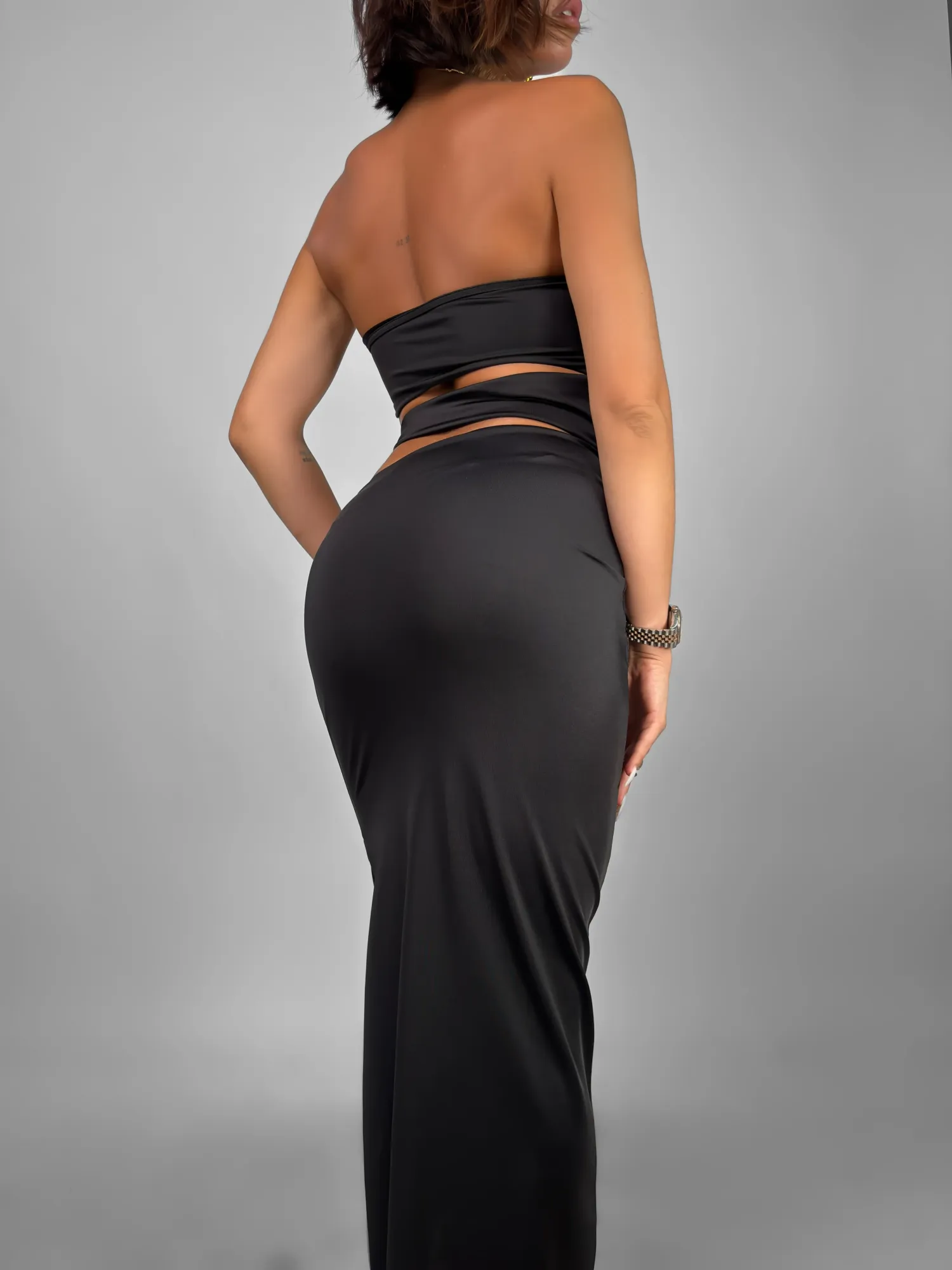 Cut-Out Midi Dress with Gold Star Accent - Black