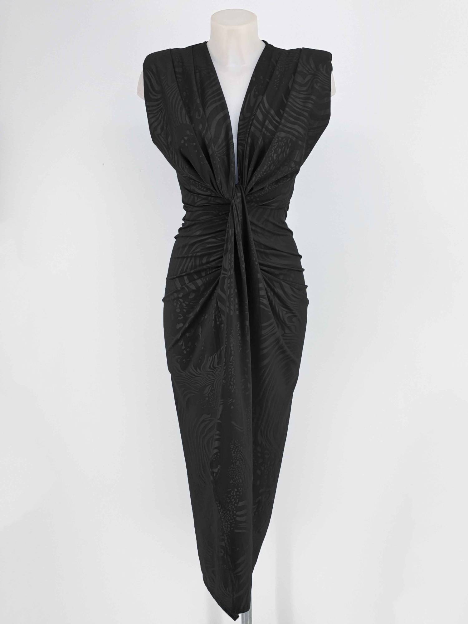 Patterned Deep Plunge Midi Dress - Black