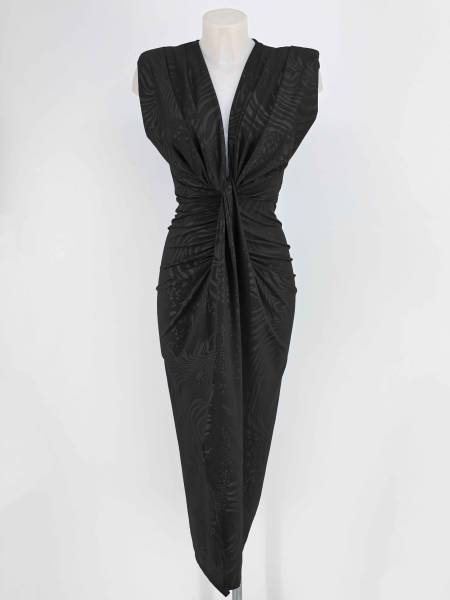 Patterned Deep Plunge Midi Dress - Black