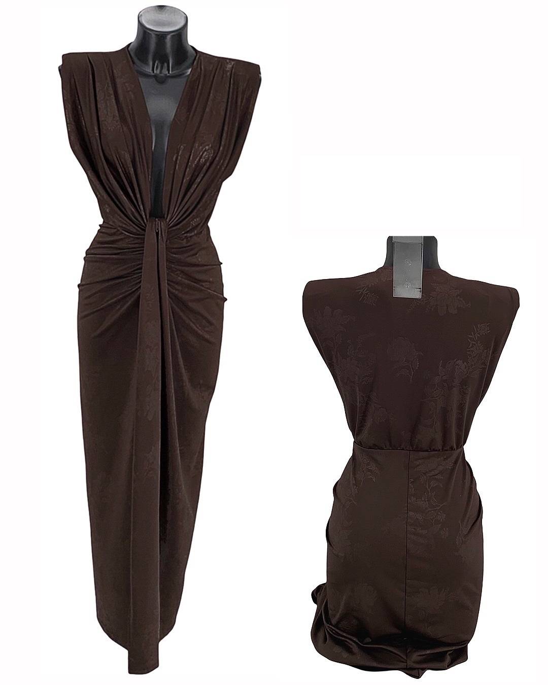 Patterned Deep Plunge Midi Dress - Brown