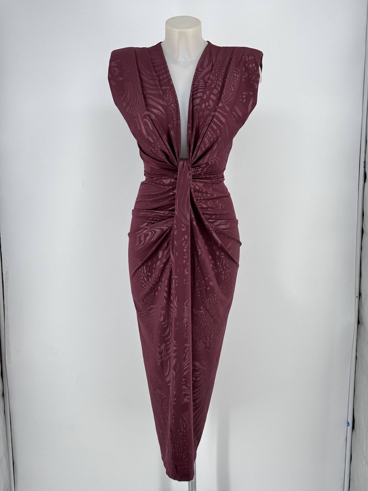 Patterned Deep Plunge Midi Dress - Melanza