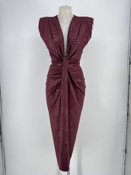 Patterned Deep Plunge Midi Dress - Melanza