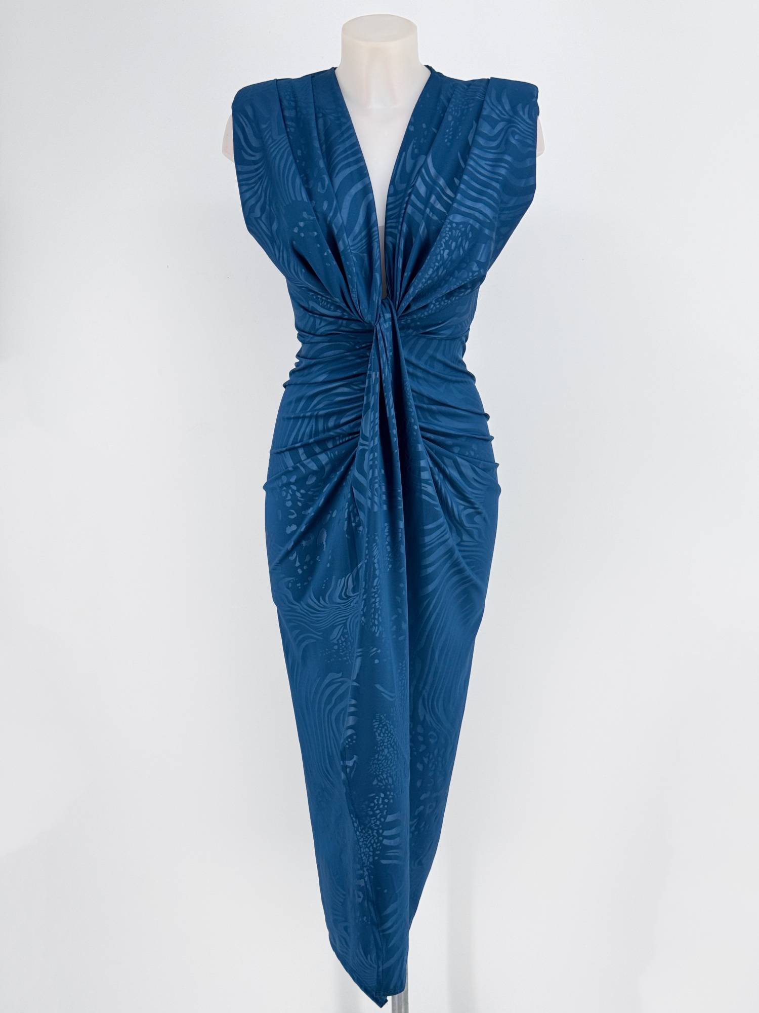 Patterned Deep Plunge Midi Dress - Petrol