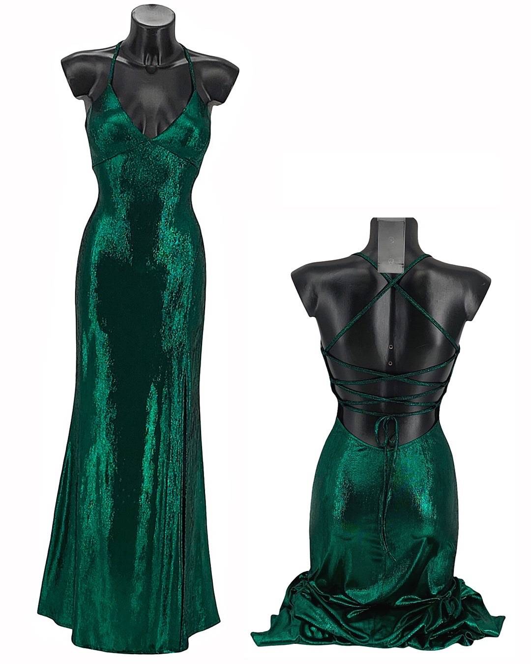 Metallic Cross Back Maxi Dress with Side Slit - Green
