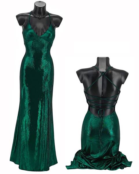 Metallic Cross Back Maxi Dress with Side Slit - Green