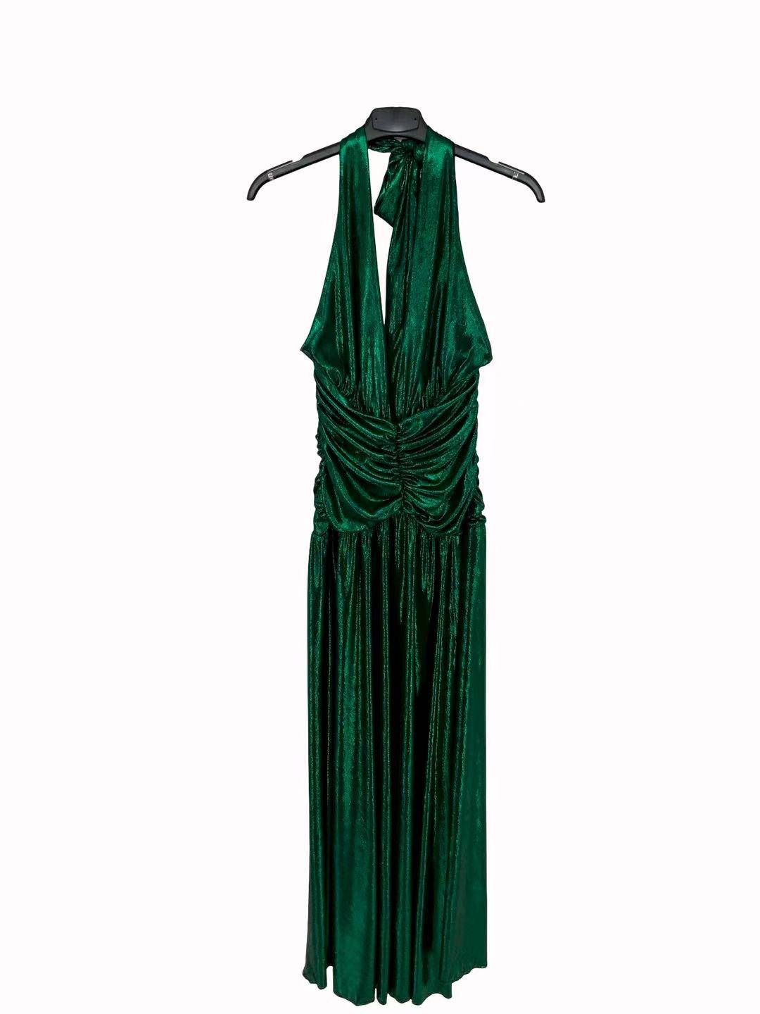 Metallic Halter Maxi Dress - Green