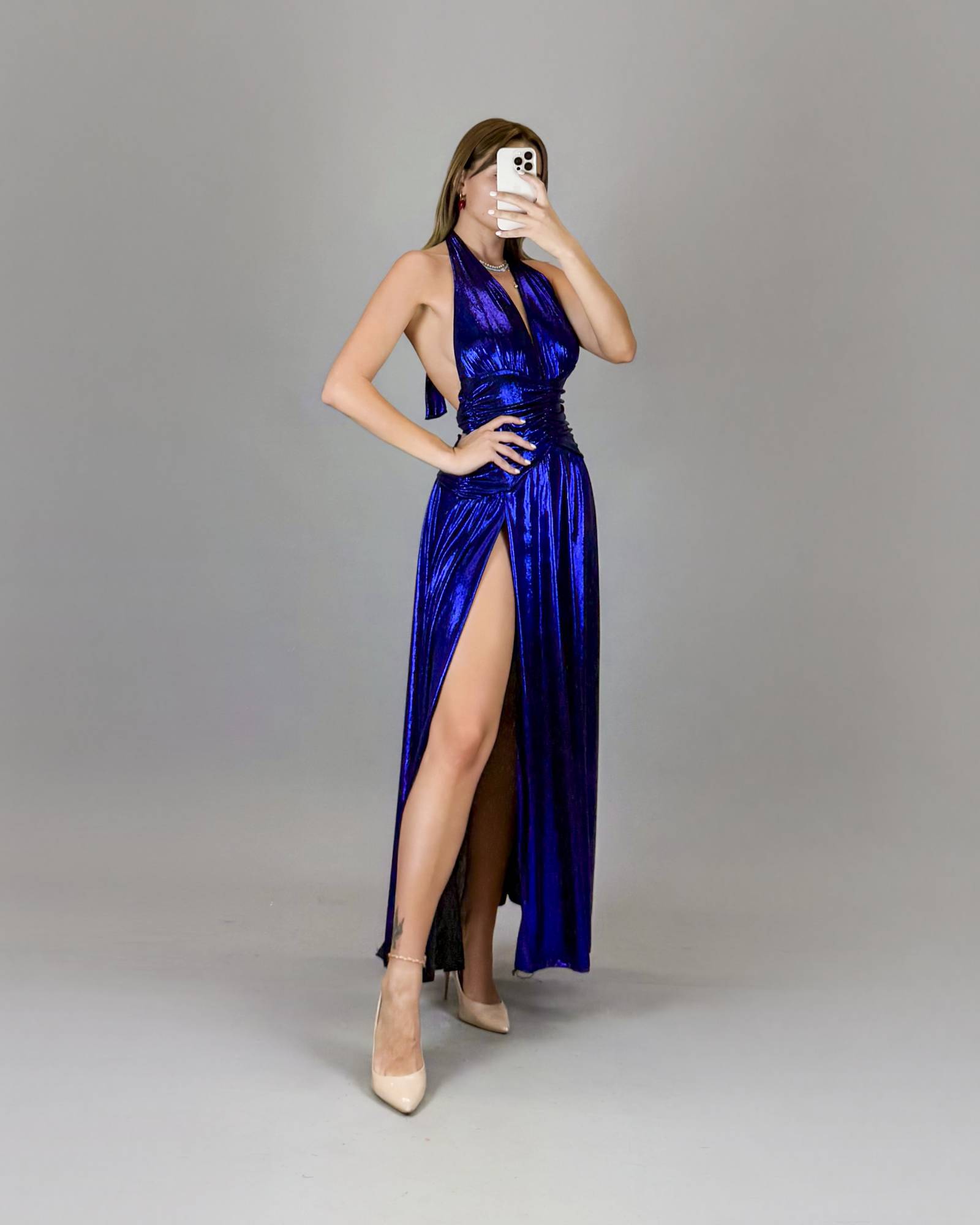 Metallic Halter Maxi Dress - Royal Blue