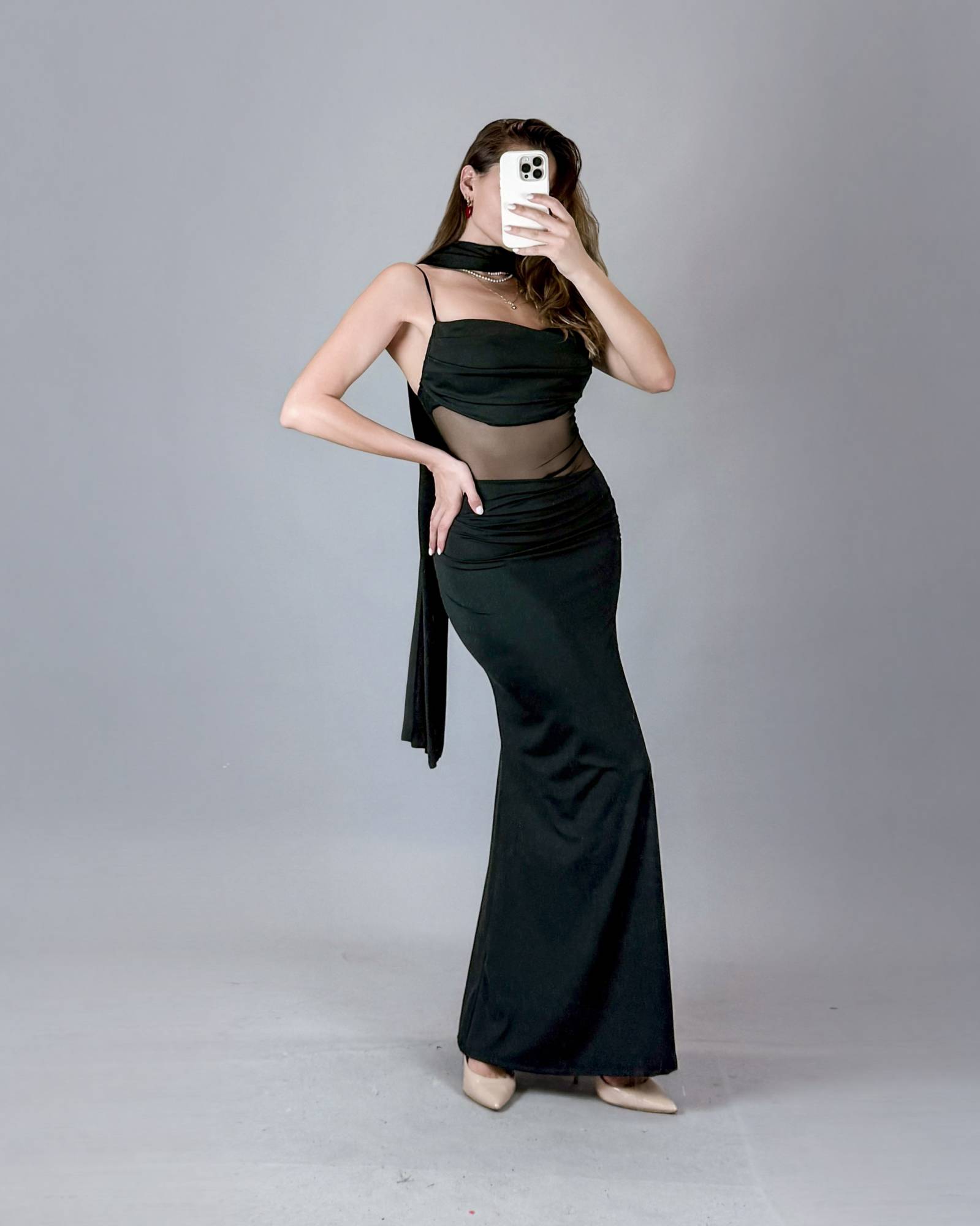 Tie Back Mesh Maxi Dress - Black