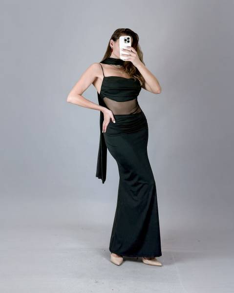Tie Back Mesh Maxi Dress - Black
