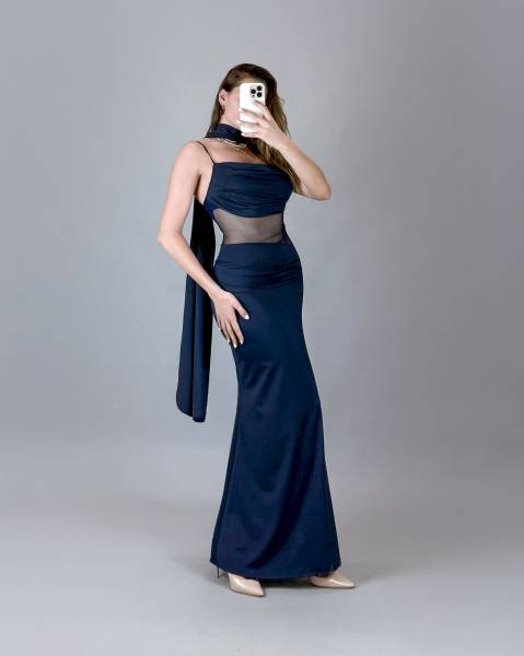 Tie Back Mesh Maxi Dress - Blue