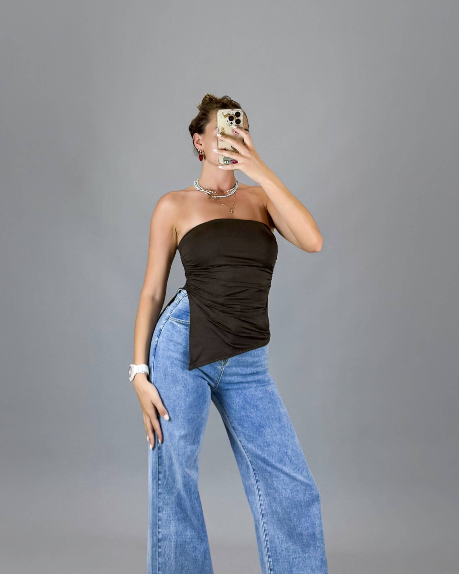 Asymmetric Strapless Top - Brown